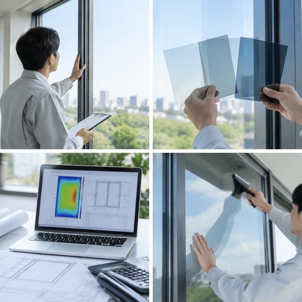 現地でサンプル確認。建物と用途に合うフィルムをご提案